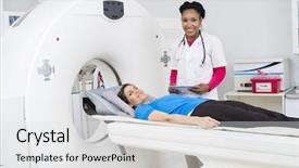  Presentation with female hospital patient - PPT theme featuring tomograph - female doctor preparing patient background and a light gray colored foreground