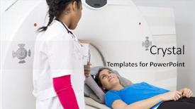  Presentation with mri - Presentation design consisting of tomograph - female patient looking at doctor background and a light gray colored foreground