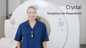  Presentation with mri - Presentation enhanced with computed tomography axial - beautiful female professional smiling background and a  colored foreground