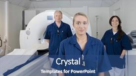  Presentation with mri - Slide set consisting of computed tomography axial - female doctor with colleagues standing background and a ocean colored foreground