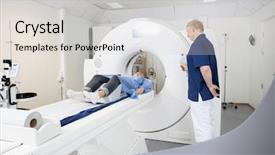  Presentation with mri - Slide deck having computed tomography axial - patient lying on mri machine background and a light gray colored foreground