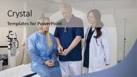  Presentation with professional - Beautiful slide deck featuring resonant electronics - professional with colleague and patient backdrop and a light gray colored foreground