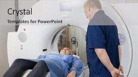  Presentation with radiologist - Audience pleasing presentation design consisting of magnetic resonance imaging - radiologist looking at female patient backdrop and a sky blue colored foreground