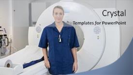  Presentation with imaging - Theme consisting of computed tomography axial - radiologist standing by magnetic resonance background and a light gray colored foreground