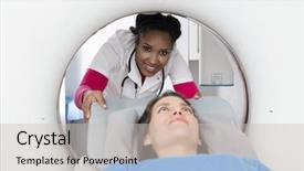  Presentation with patient and doctor - PPT layouts with computed tomography axial - smiling doctor preparing patient background and a soft green colored foreground