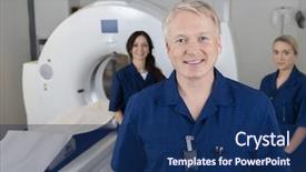  Presentation with radiologist - PPT theme with computed tomography axial - smiling male radiologist with colleagues background and a navy blue colored foreground