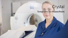  Presentation with mri - Slide set consisting of computed tomography axial - young professional standing by mri background and a soft green colored foreground