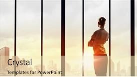  Presentation with sunrise - Cool new PPT theme with back view of businesswoman looking on sunrise in office window backdrop and a lemonade colored foreground