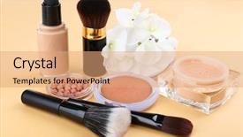  Presentation with basic - Theme featuring tonality - basic make-up products close-up background and a coral colored foreground