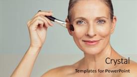  Presentation with makeup brush and cosmetics - Amazing PPT theme having tonality - closeup portrait of mature woman backdrop and a coral colored foreground