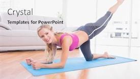  Presentation with pilates - Cool new presentation design with toned blonde doing pilates on exercise mat smiling at camera at home in the living room backdrop and a white colored foreground
