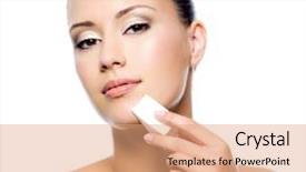  Presentation with cosmetic - Beautiful slide deck featuring toner - young beautiful woman applying cosmetic backdrop and a coral colored foreground