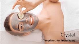  Presentation with hero mask woman - Presentation theme having toner - young woman with facial mask background and a coral colored foreground