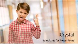  Presentation with blue eyes technology eye scan - Presentation design with tongue out at school corridor background and a coral colored foreground