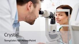 Presentation with eye care - Presentation design having tonometer and patient at eye background and a light gray colored foreground