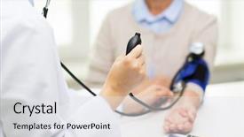  Presentation with blood pressure - Cool new PPT layouts with tonometer checking senior woman blood backdrop and a sky blue colored foreground