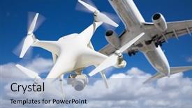  Presentation with drone quadcopter - Beautiful PPT theme featuring too close to passenger airplane backdrop and a light blue colored foreground