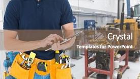  Presentation with using digital tablet - Presentation with tool belt - digital composite of midsection background and a coral colored foreground