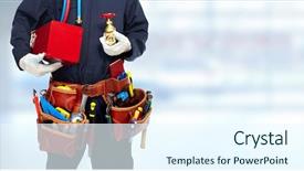  Presentation with banner blue - Amazing slide set having tool belt - plumber hands with water tap backdrop and a sky blue colored foreground