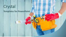  Presentation with handyman - Beautiful PPT theme featuring tool belt and sprit backdrop and a light blue colored foreground