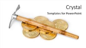  Presentation with bitcoins - Presentation theme featuring tool cash - pickaxe and bitcoins isolated background and a white colored foreground