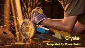  Presentation with worker - Slide deck having tool die - close-up of worker cutting metal background and a tawny brown colored foreground