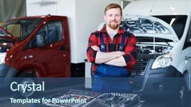  Presentation with car service - Slide set featuring toolboxe - happy young successful specialist background and a ocean colored foreground