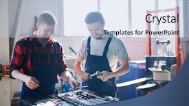  Presentation with car service - Colorful slides enhanced with toolboxe - two young professionals in workwear backdrop and a light blue colored foreground