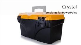  Presentation with steel - Colorful slide set enhanced with toolkit box isolated backdrop and a  colored foreground