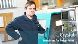  Presentation with cnc machine tool milling - Amazing PPT theme having toolroom - industrial worker near cnc milling backdrop and a  colored foreground