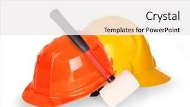  Presentation with blue white and yellow - Slide deck enhanced with construction tools - yellow helmet isolated on white background and a white colored foreground