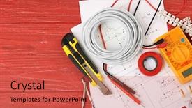  Presentation with electrician - Theme enhanced with tools and schemes on red background and a red colored foreground
