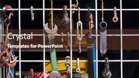  Presentation with workshop tools - Presentation consisting of tools and shackles hanging in a workshop on a metal grid background and a tawny brown colored foreground