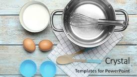  Presentation with kitchen utensils - Theme consisting of tools equipment pastry - kitchen utensils and ingredients background and a light blue colored foreground