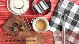  Presentation with cooking equipment kitchen utensils - Colorful slide deck enhanced with tools equipment pastry - kitchen utensils and ingredients backdrop and a  colored foreground