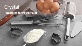  Presentation with cooking equipment kitchen utensils - Theme having tools equipment pastry - kitchen utensils and ingredients background and a coral colored foreground