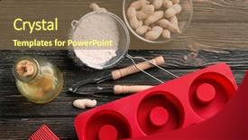  Presentation with cooking equipment kitchen utensils - PPT theme consisting of tools equipment pastry - kitchen utensils and ingredients background and a coral colored foreground