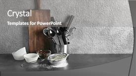  Presentation with kitchen utensils - Cool new PPT theme with tools equipment pastry - kitchen utensils with ingredients backdrop and a gray colored foreground