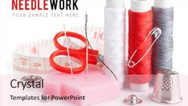  Presentation with sewing tools - Colorful PPT theme enhanced with tools for needlework thread scissors backdrop and a lemonade colored foreground