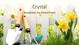  Presentation with garden tools - Audience pleasing slide deck consisting of tools green grass and daffodil backdrop and a cream colored foreground
