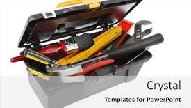  Presentation with tool belt tools - Amazing presentation design having tools in open toolbox backdrop and a light gray colored foreground