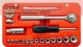  Presentation with tool belt tools - Amazing PPT theme having tools in the red box backdrop and a coral colored foreground
