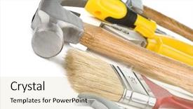  Presentation with set of construction tools tool - Amazing slide deck having tools isolated on white background backdrop and a lemonade colored foreground