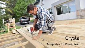  Presentation with close up wooden decking - Audience pleasing presentation consisting of tools man - carpenter building wooden deck backdrop and a lemonade colored foreground