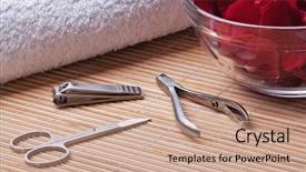  Presentation with manicure - Beautiful presentation theme featuring tools of a manicure set backdrop and a coral colored foreground