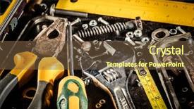  Presentation with set of construction tools tool - Beautiful slide set featuring tools on a black backdrop and a tawny brown colored foreground