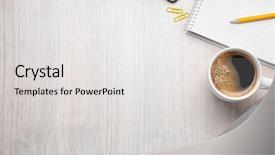  Presentation with coffee cup - Presentation having tools on light wooden background background and a light gray colored foreground