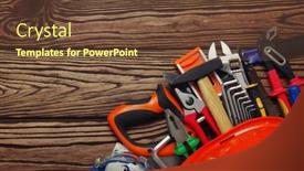  Presentation with wood tools - Colorful presentation theme enhanced with tools-on-wood-background-top backdrop and a tawny brown colored foreground