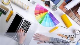  Presentation with design work - PPT theme having tools on work table background and a light blue colored foreground