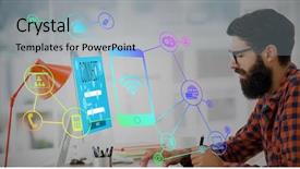  Presentation with rideshare taxi app on smartphone - Colorful presentation theme enhanced with tools wear monitoring - smartphone apps icons against hipster backdrop and a  colored foreground